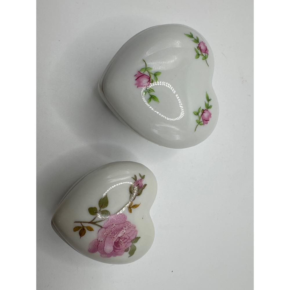 Vintage Heart Porcelain Trinket Boxes Set of 2 Pink Rose Floral Made in Japan